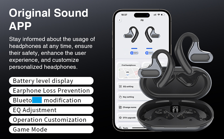 F8 Wireless Headset, F8 OWS earphone, OWS Earbuds ,F8 Earphone, Earphone with Charging Box, Wireless Microphone, Ear Clip Earbuds, ear clip earphone, Open Ear Headphone, Earphones